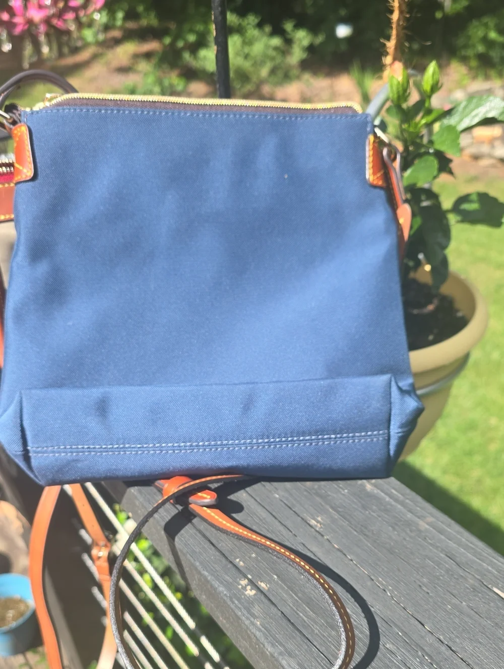 Dooney & Bourke Navy Canvas Crossbody with Tan Leather Trim